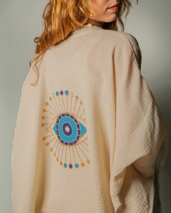 Celestial Eye Blue & Gold on Sand Organic Muslin Kimono