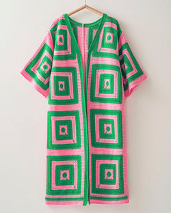 Pink & Green Geometric Crochet Knitted Duster