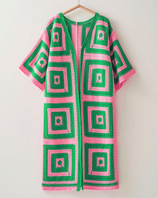 Pink & Green Geometric Crochet Knitted Duster
