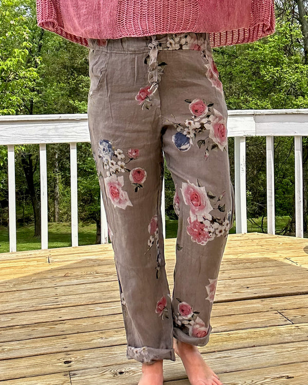 Taupe Floral Linen Pants