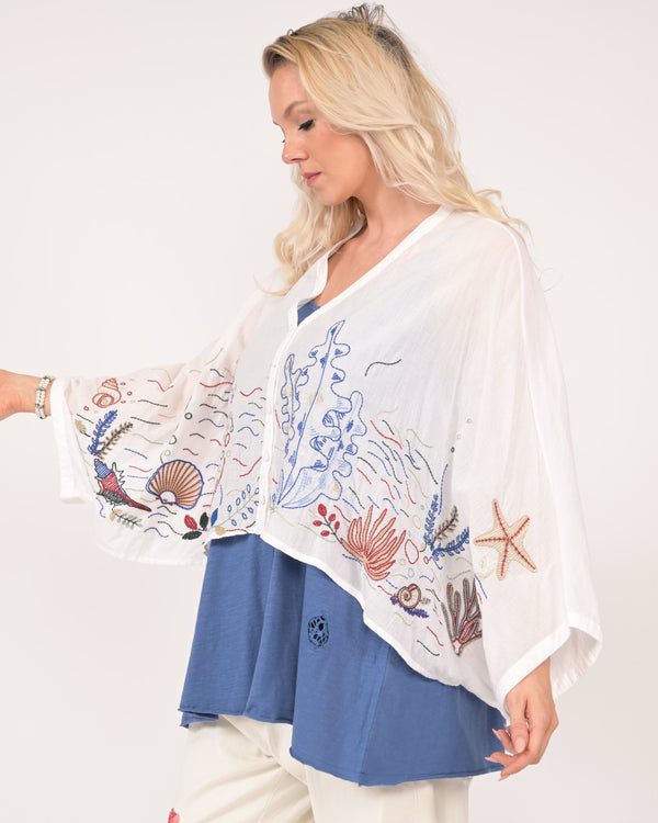 Under the Sea Embroidered Bat Wing Blouse