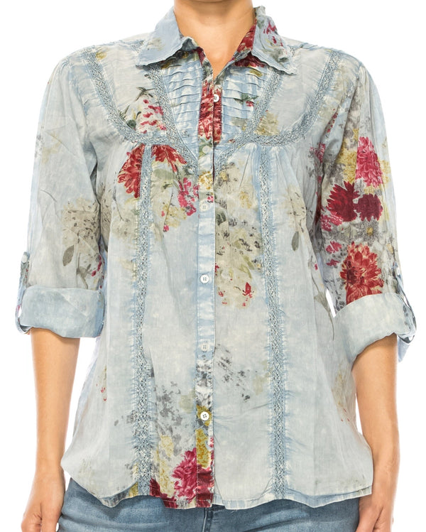 Vintage Floral Blue Shirt with Pin Tucks