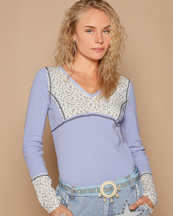 Blue & Floral V-Neck Thermal Long Sleeve V-Neck