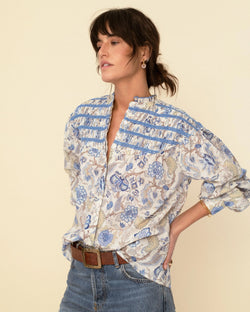 Cotton Voile Ruched Floral Blouse