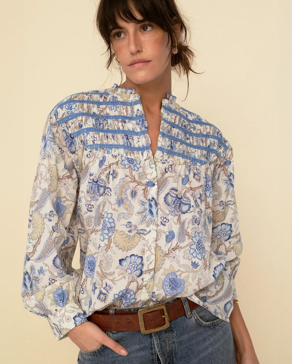 Cotton Voile Ruched Floral Blouse