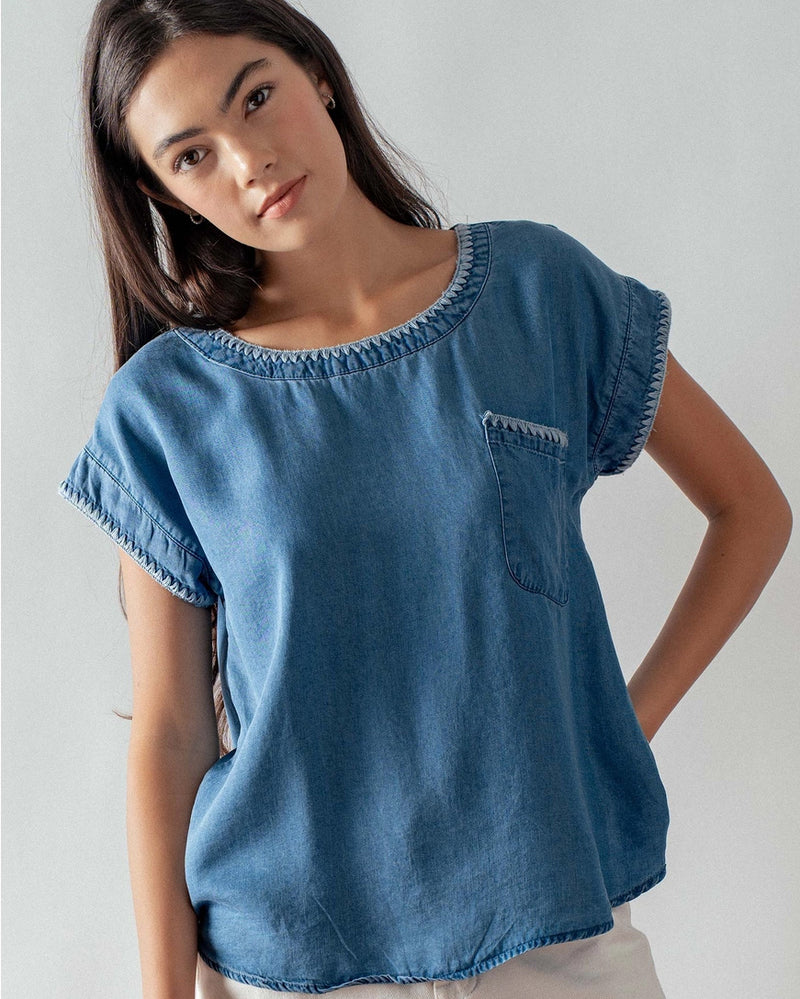 Embroidered Trim Chambray Top