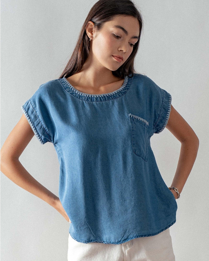 Embroidered Trim Chambray Top