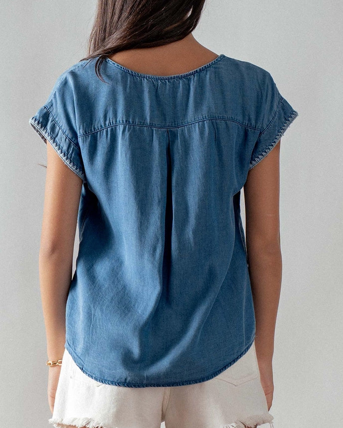 Embroidered Trim Chambray Top