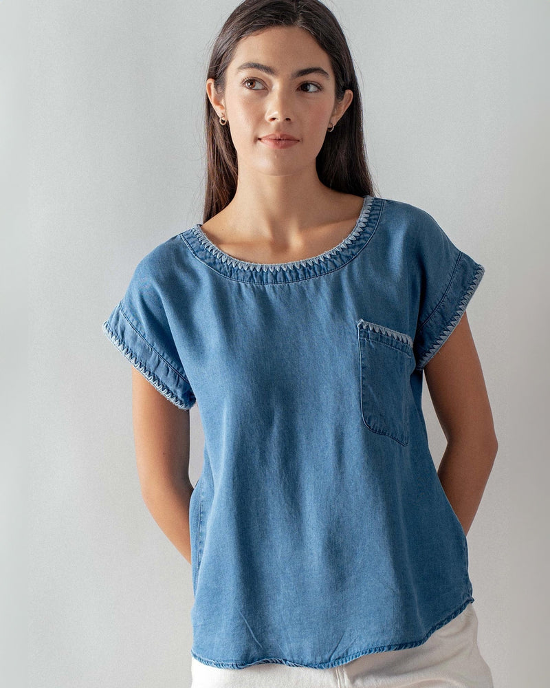 Embroidered Trim Chambray Top