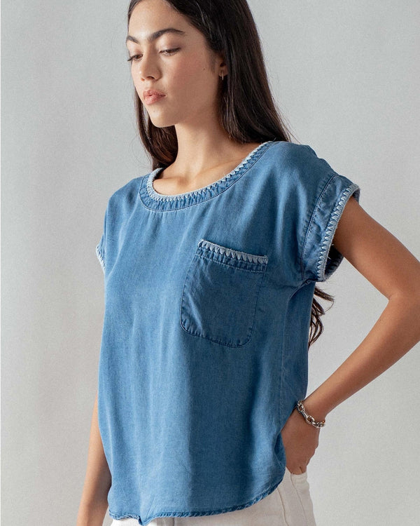 Embroidered Trim Chambray Top