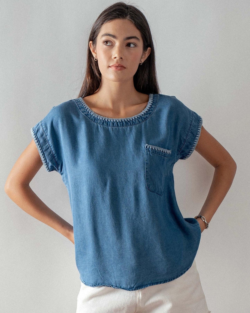 Embroidered Trim Chambray Top