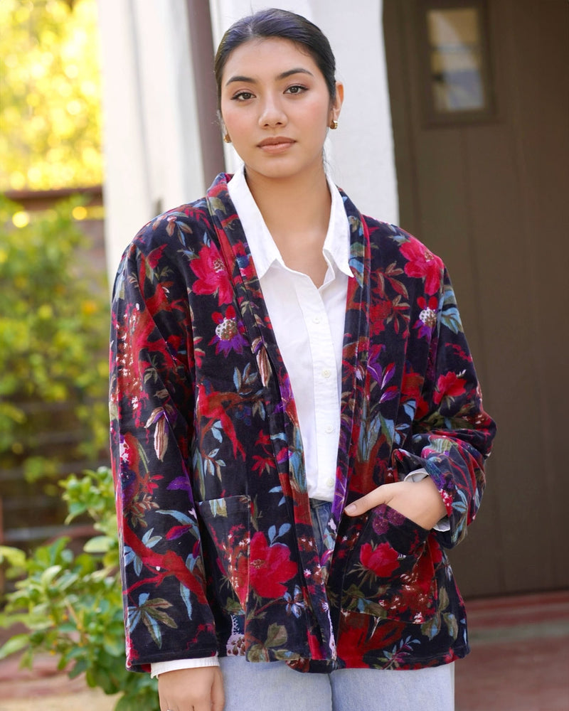 Floral and Birds Black Velvet Jacket