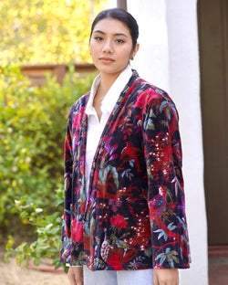 Floral and Birds Black Velvet Jacket