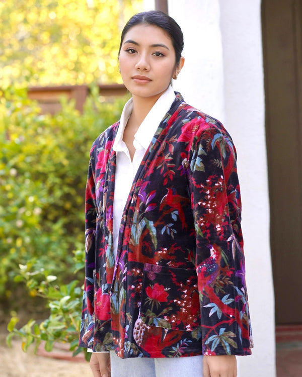 Floral and Birds Black Velvet Jacket