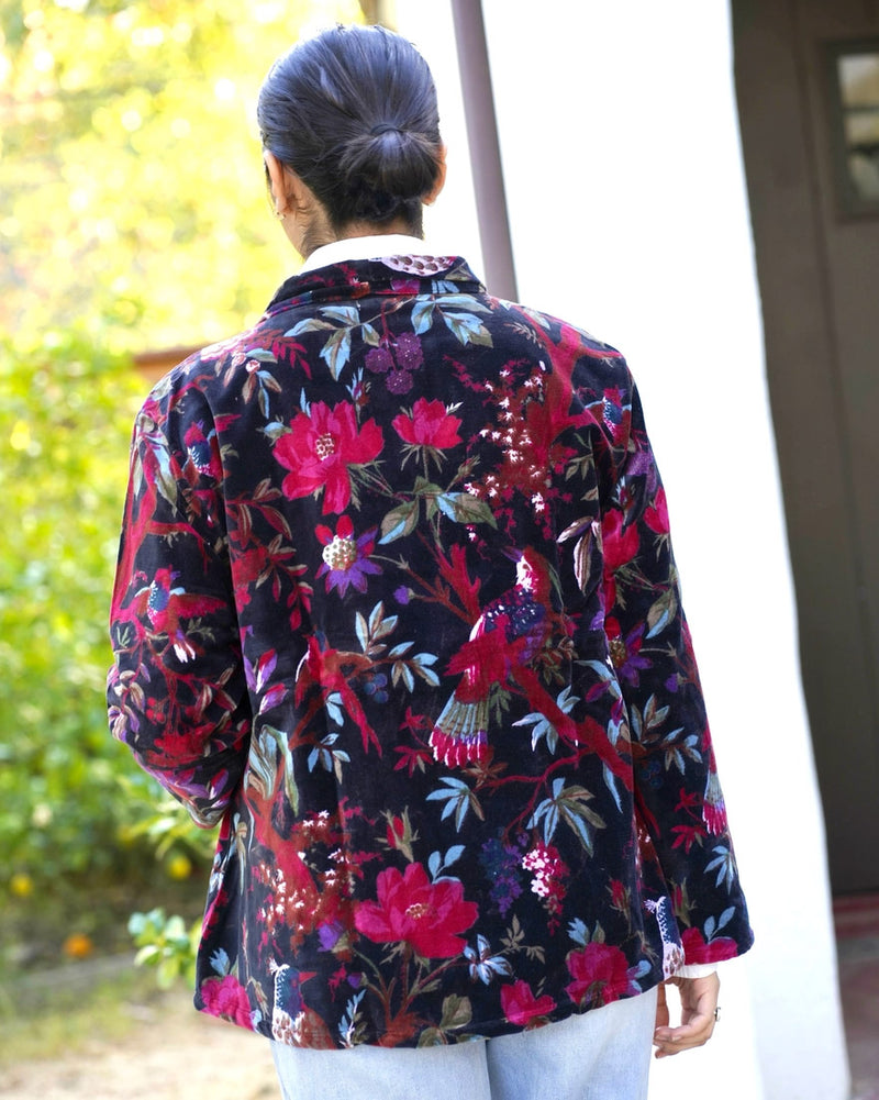 Floral and Birds Black Velvet Jacket