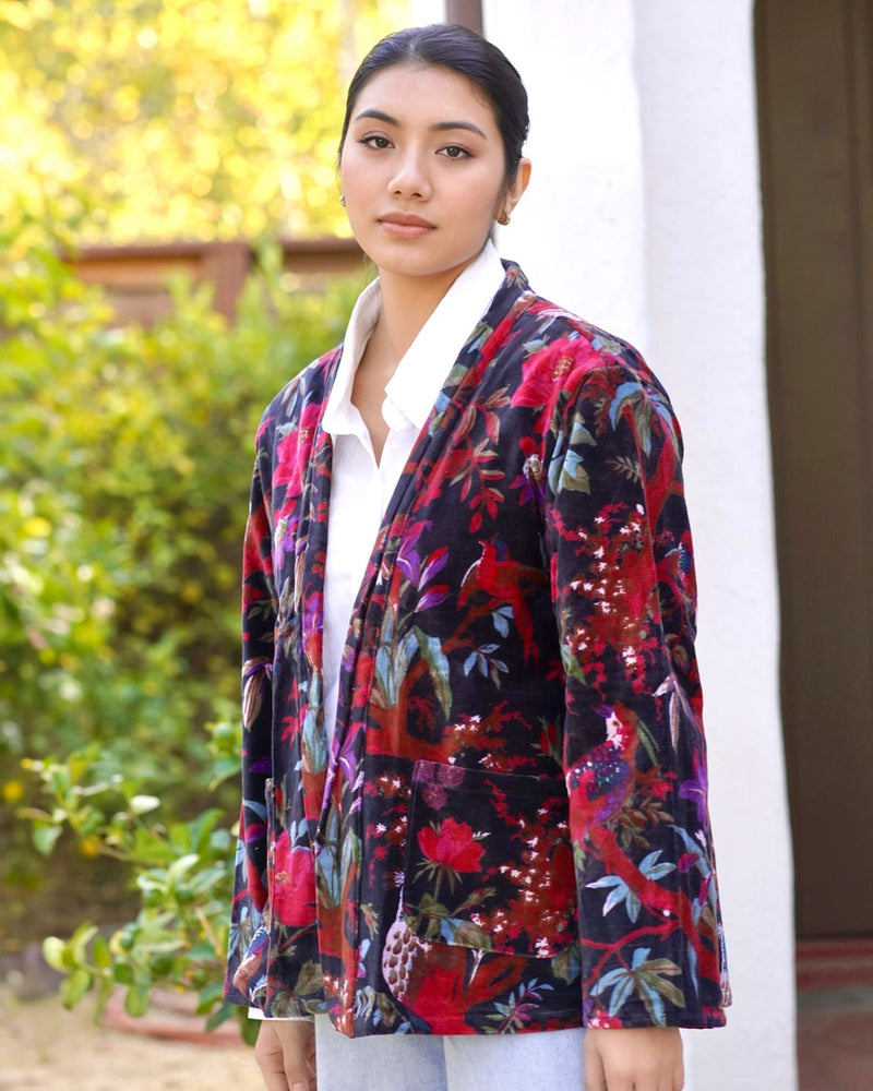 Floral and Birds Black Velvet Jacket