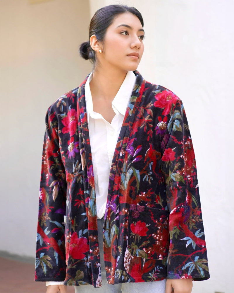 Floral and Birds Black Velvet Jacket