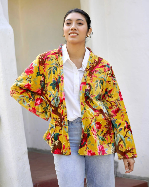 Floral and Birds Golden Velvet Jacket
