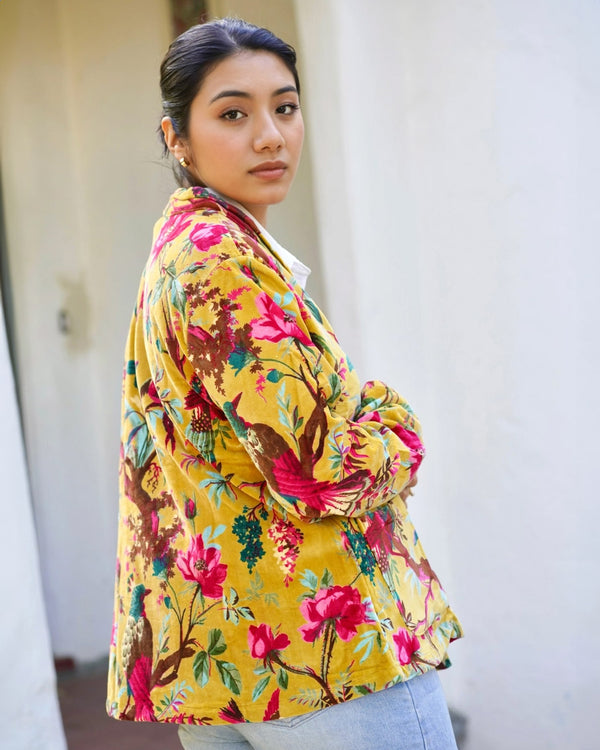 Floral and Birds Golden Velvet Jacket