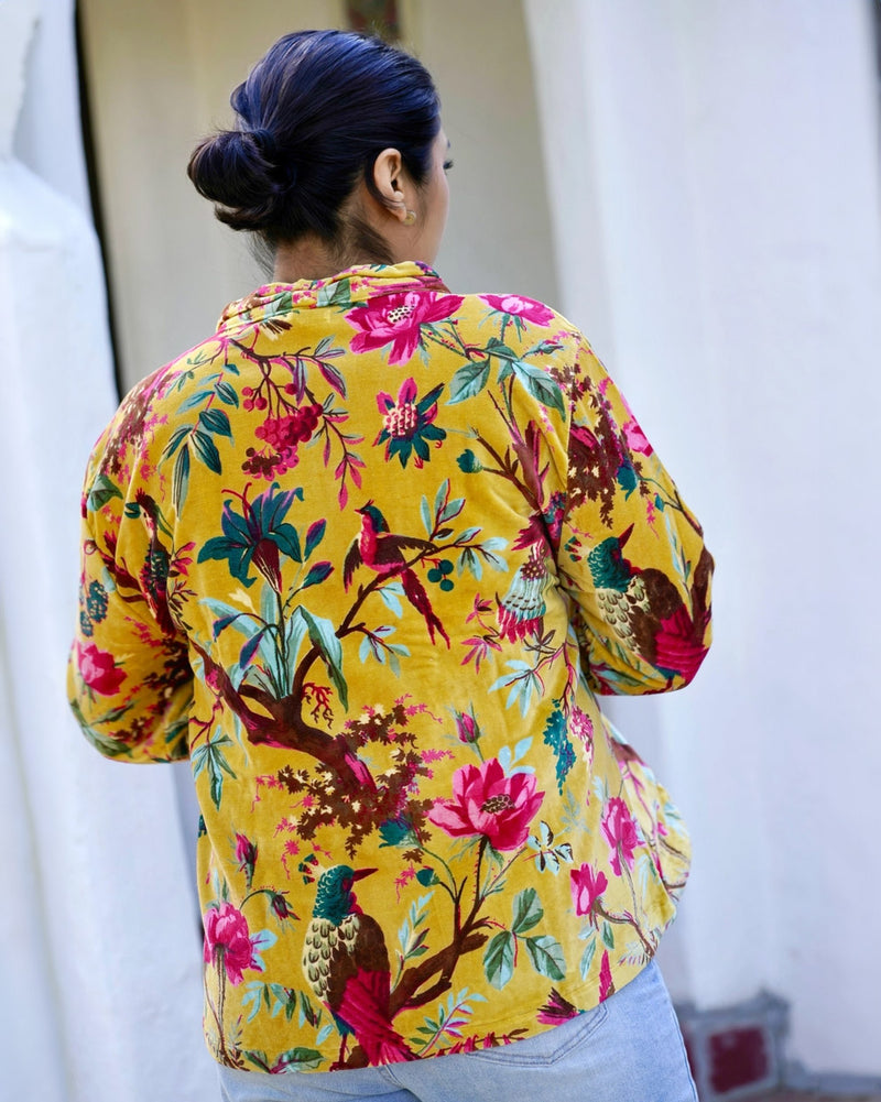 Floral and Birds Golden Velvet Jacket