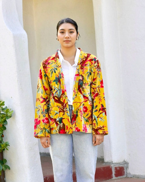 Floral and Birds Golden Velvet Jacket