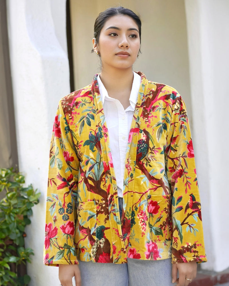 Floral and Birds Golden Velvet Jacket