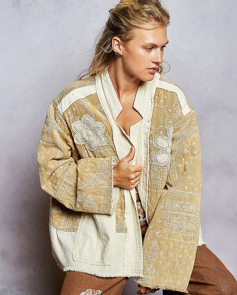 Bandana Print Open Front Oversized Jacket