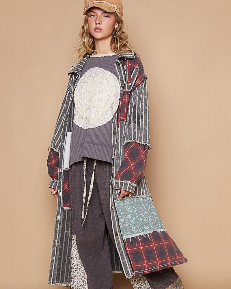 Patchwork Cotton Twill & Flannel Long Coat