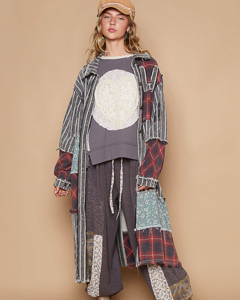 Patchwork Cotton Twill & Flannel Long Coat