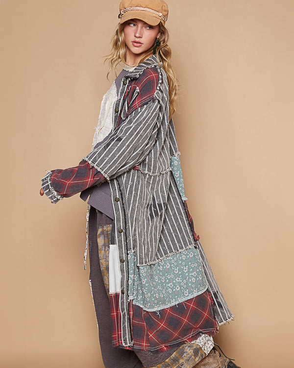 Patchwork Cotton Twill & Flannel Long Coat