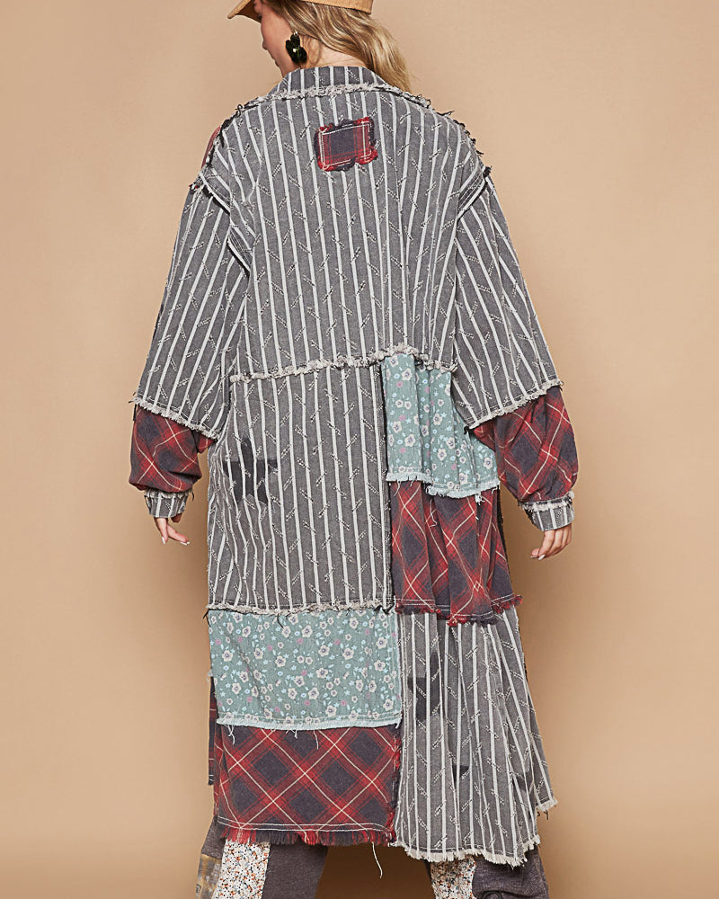 Patchwork Cotton Twill & Flannel Long Coat