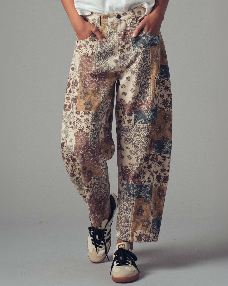 Patchwork Print Barrel Pants