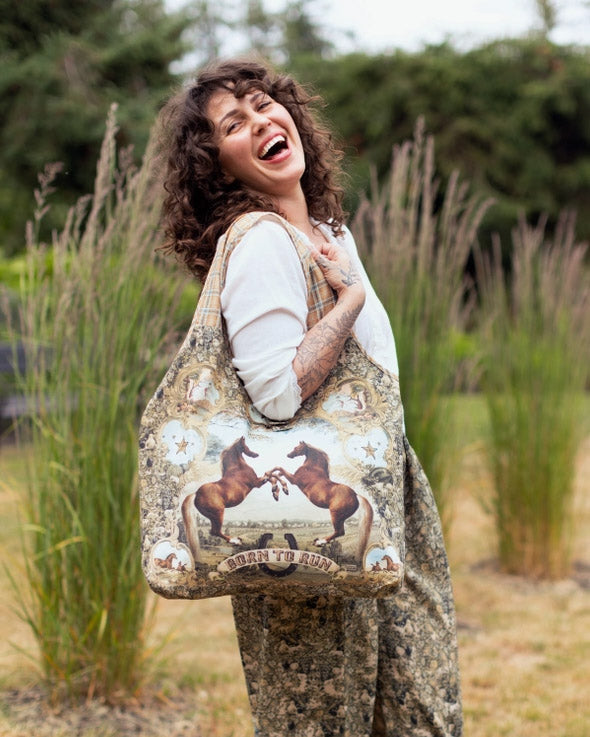 Born To Run Boho Linen Tote Bag w/ Wild Horse & Floral Print