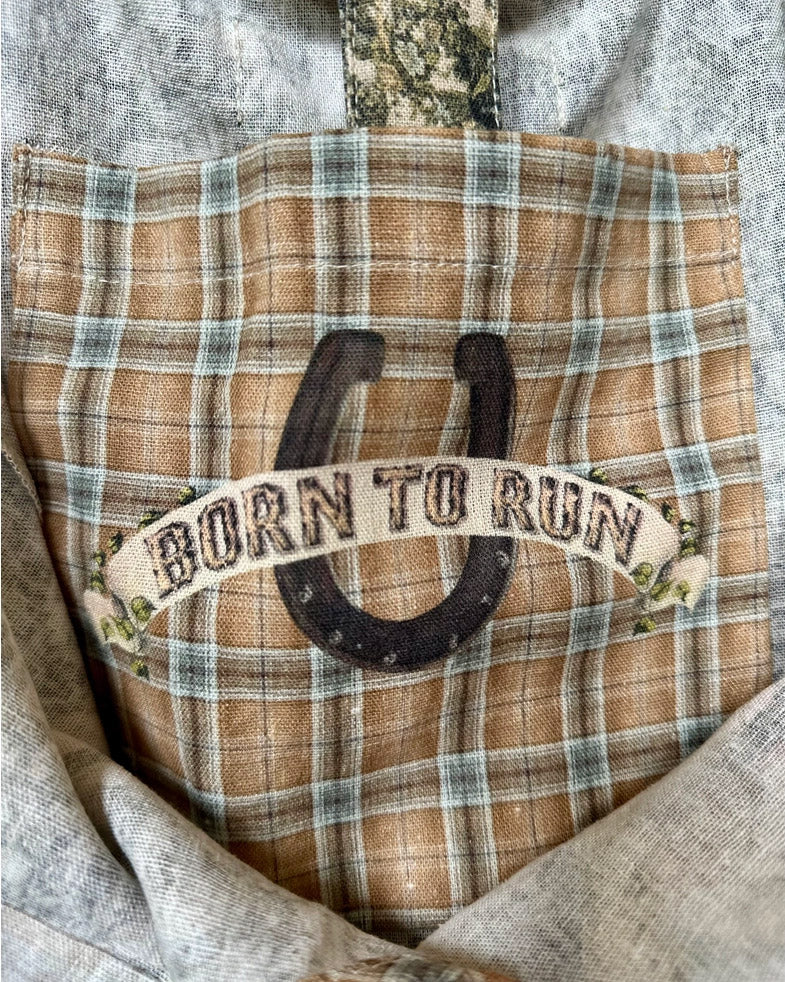 Born To Run Boho Linen Tote Bag w/ Wild Horse & Floral Print