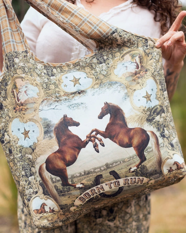 Born To Run Boho Linen Tote Bag w/ Wild Horse & Floral Print