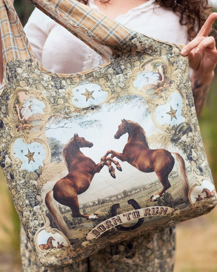Born To Run Boho Linen Tote Bag w/ Wild Horse & Floral Print