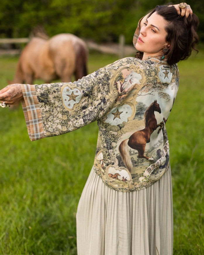 Born To Run Crop Kimono w/ Horse & Flower Print