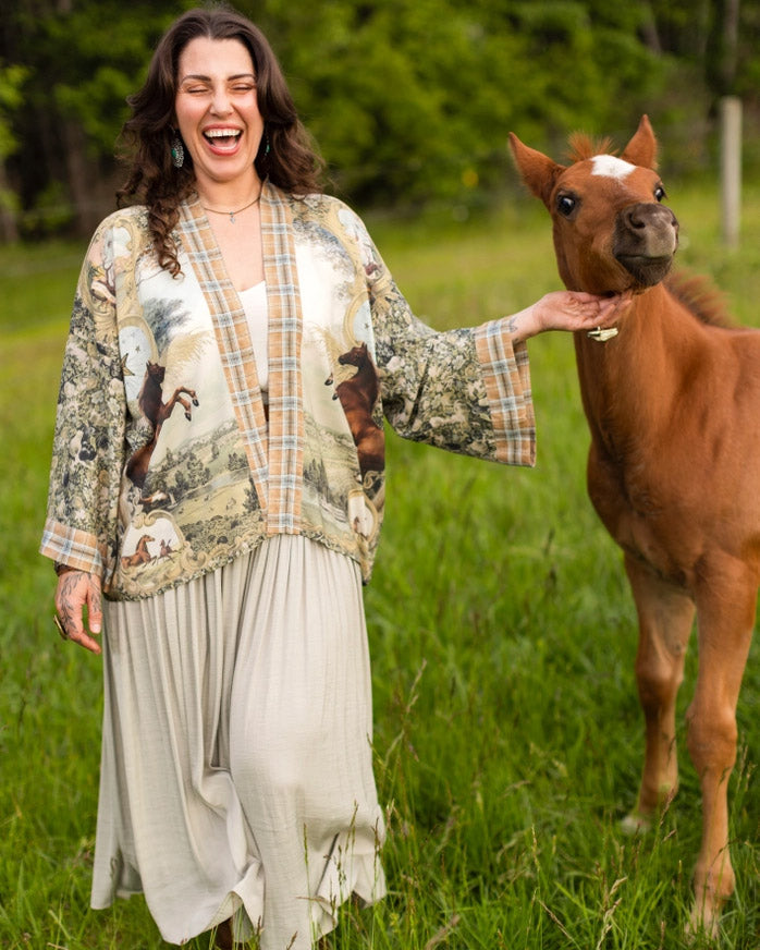 Born To Run Crop Kimono w/ Horse & Flower Print