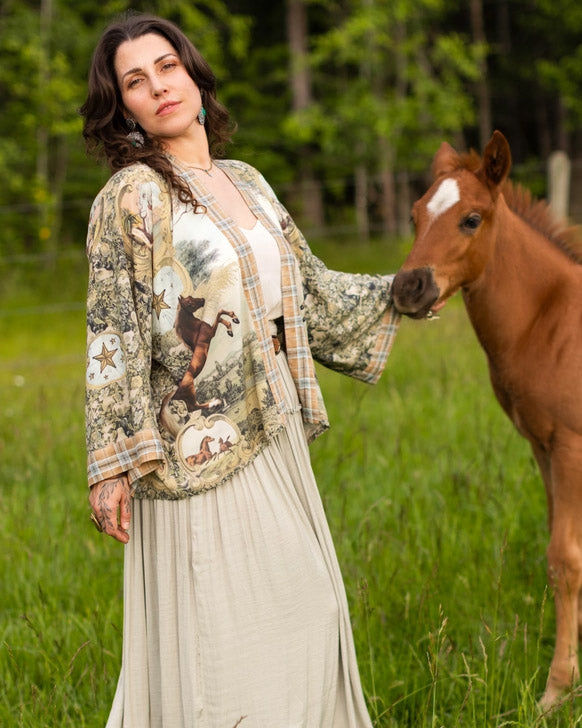 Born To Run Crop Kimono w/ Horse & Flower Print