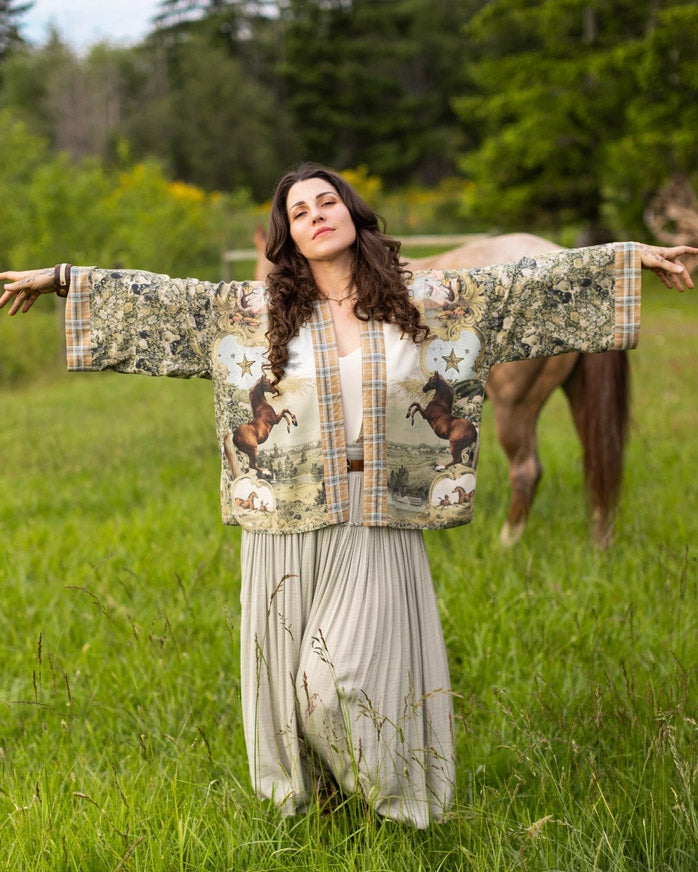 Born To Run Crop Kimono w/ Horse & Flower Print