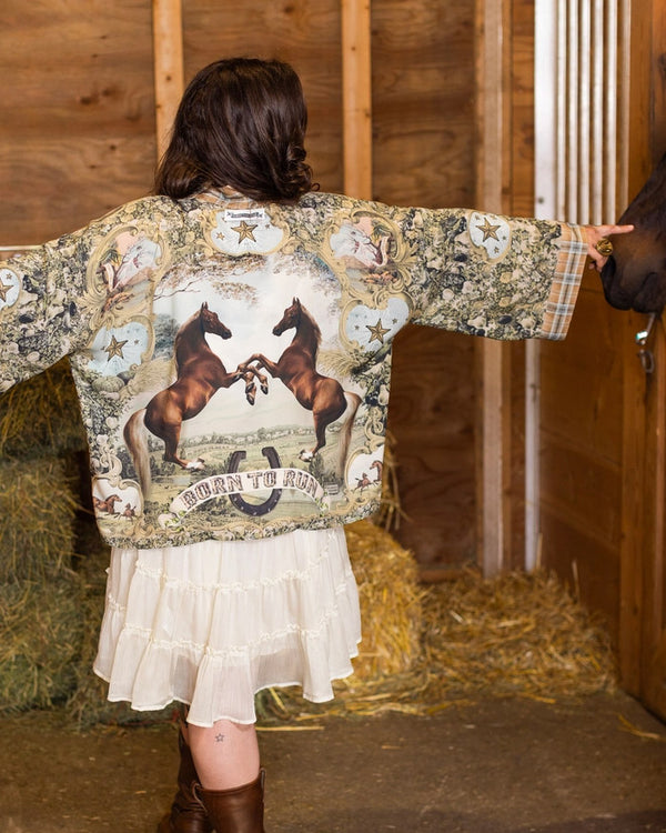 Born To Run Crop Kimono w/ Horse & Flower Print
