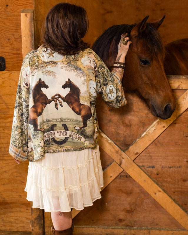 Born To Run Crop Kimono w/ Horse & Flower Print