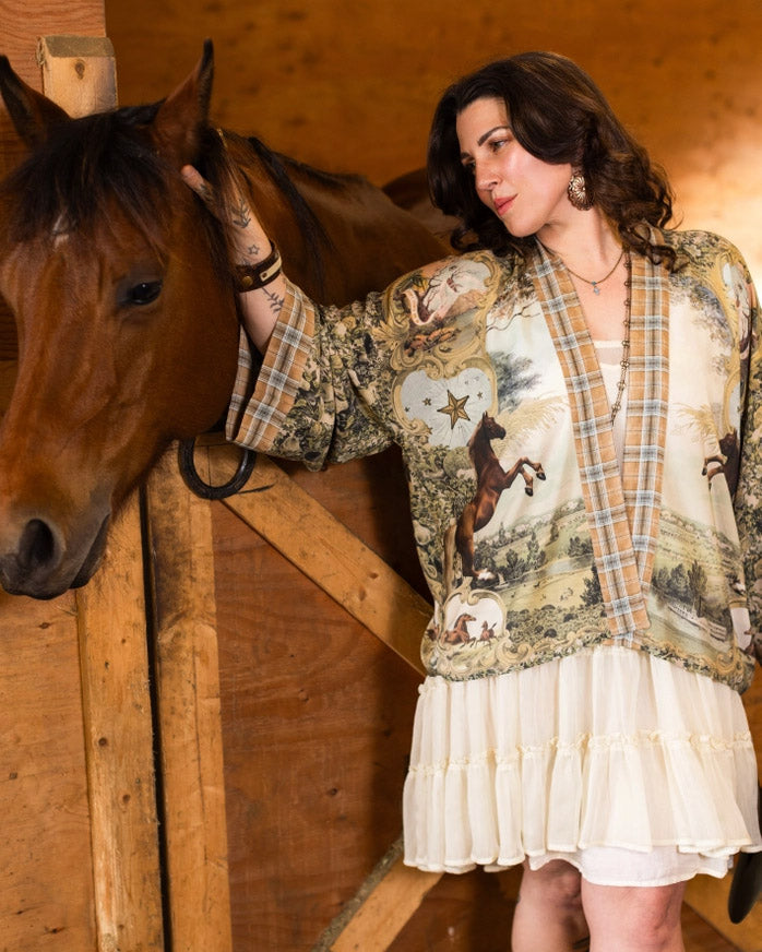 Born To Run Crop Kimono w/ Horse & Flower Print