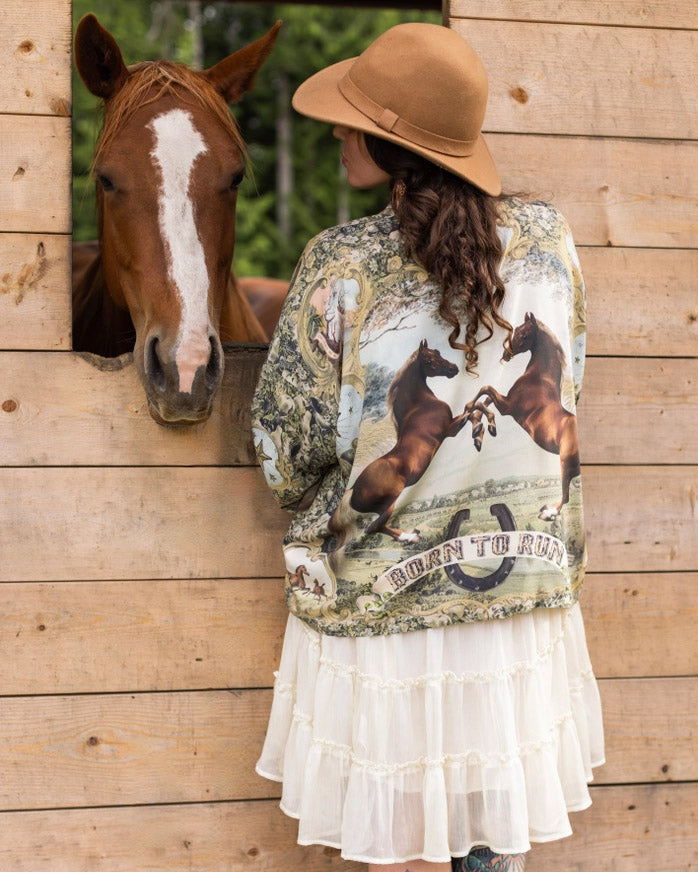 Born To Run Crop Kimono w/ Horse & Flower Print