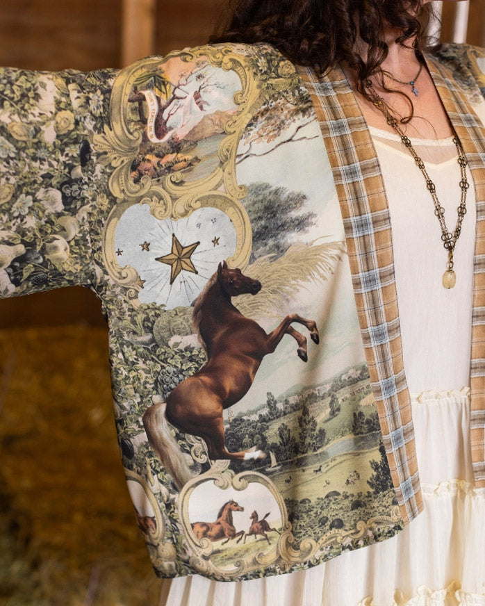 Born To Run Crop Kimono w/ Horse & Flower Print