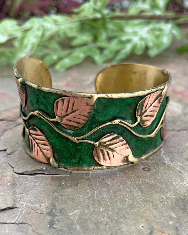 Leaves and Vines Green Patina Cuff Bracelet