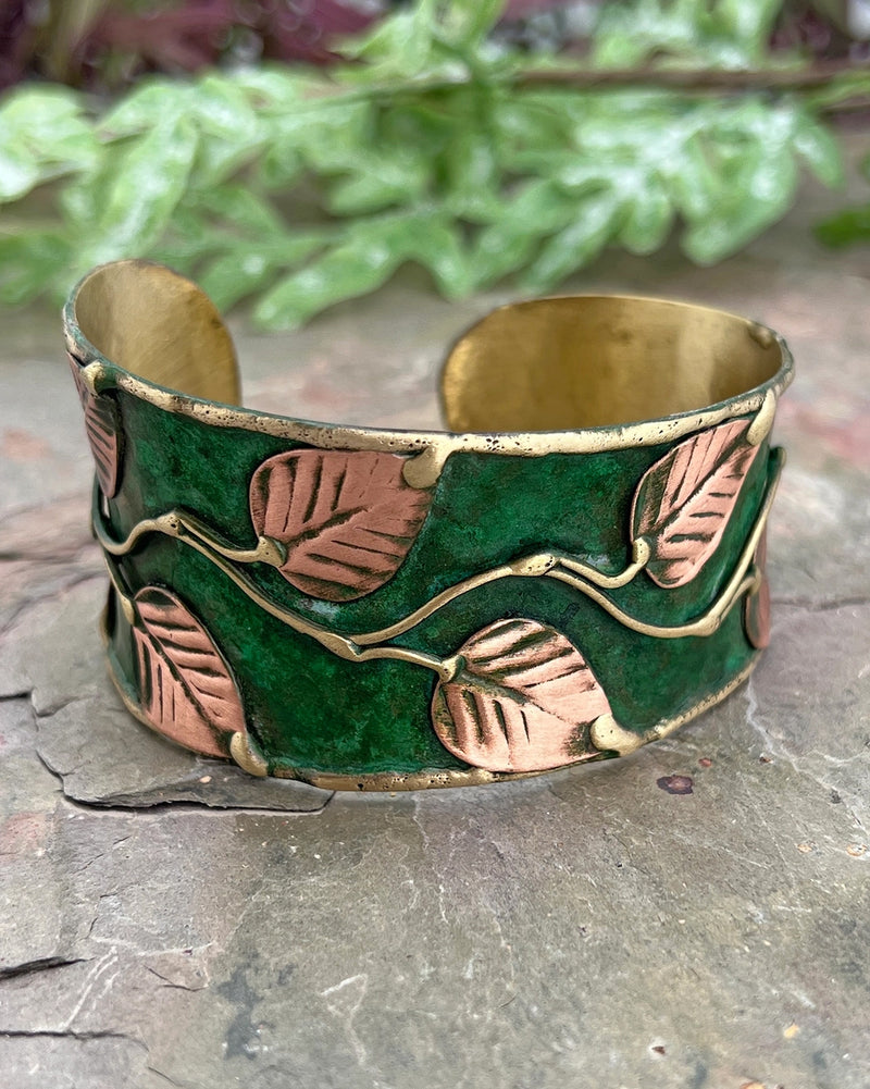 Leaves and Vines Green Patina Cuff Bracelet