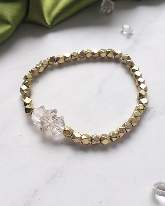 Brass and Diamond Quartz Beaded Stretchy Bracelet