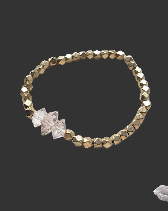 Brass and Diamond Quartz Beaded Stretchy Bracelet