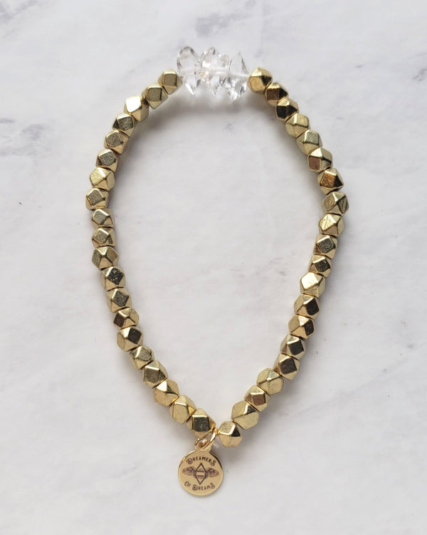 Brass and Diamond Quartz Beaded Stretchy Bracelet